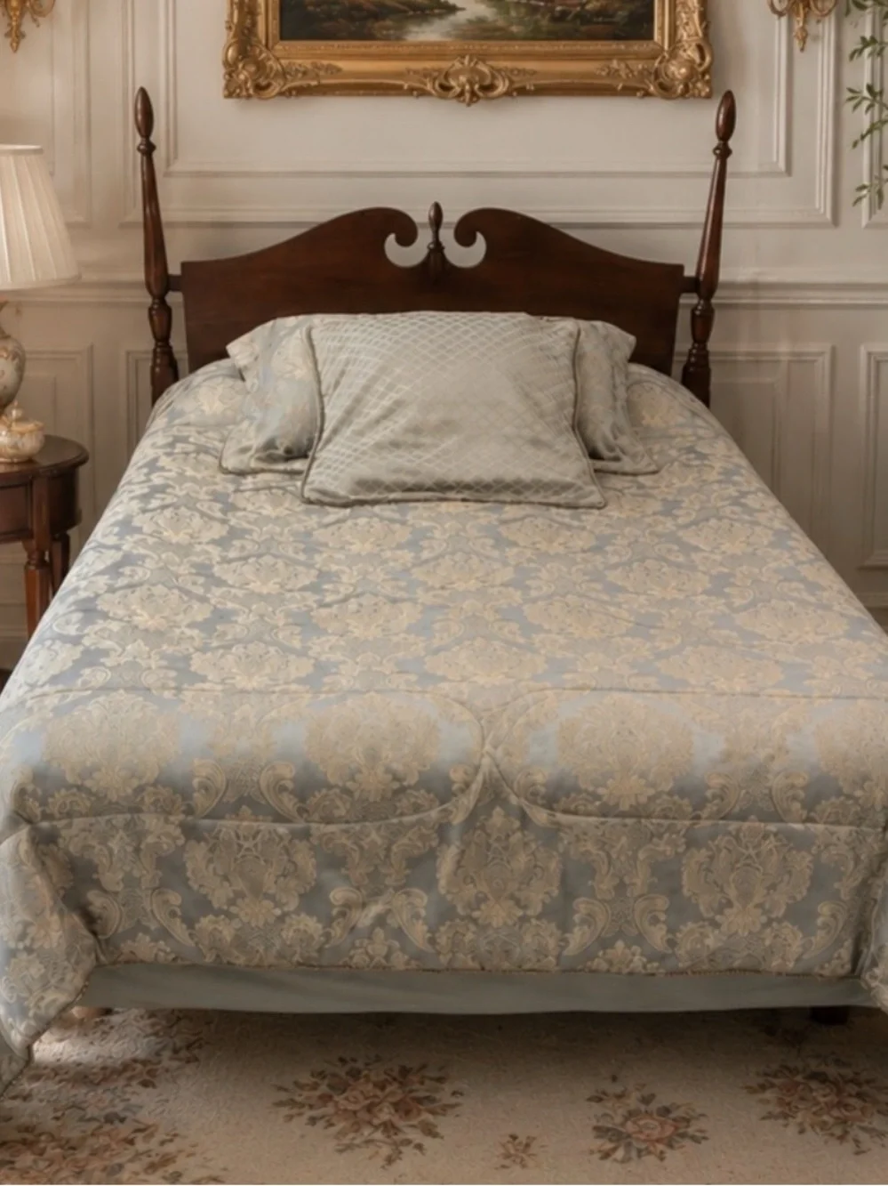 Luxury Vintage Blue Gold Beige Damask Comforter Set Grandmillennial